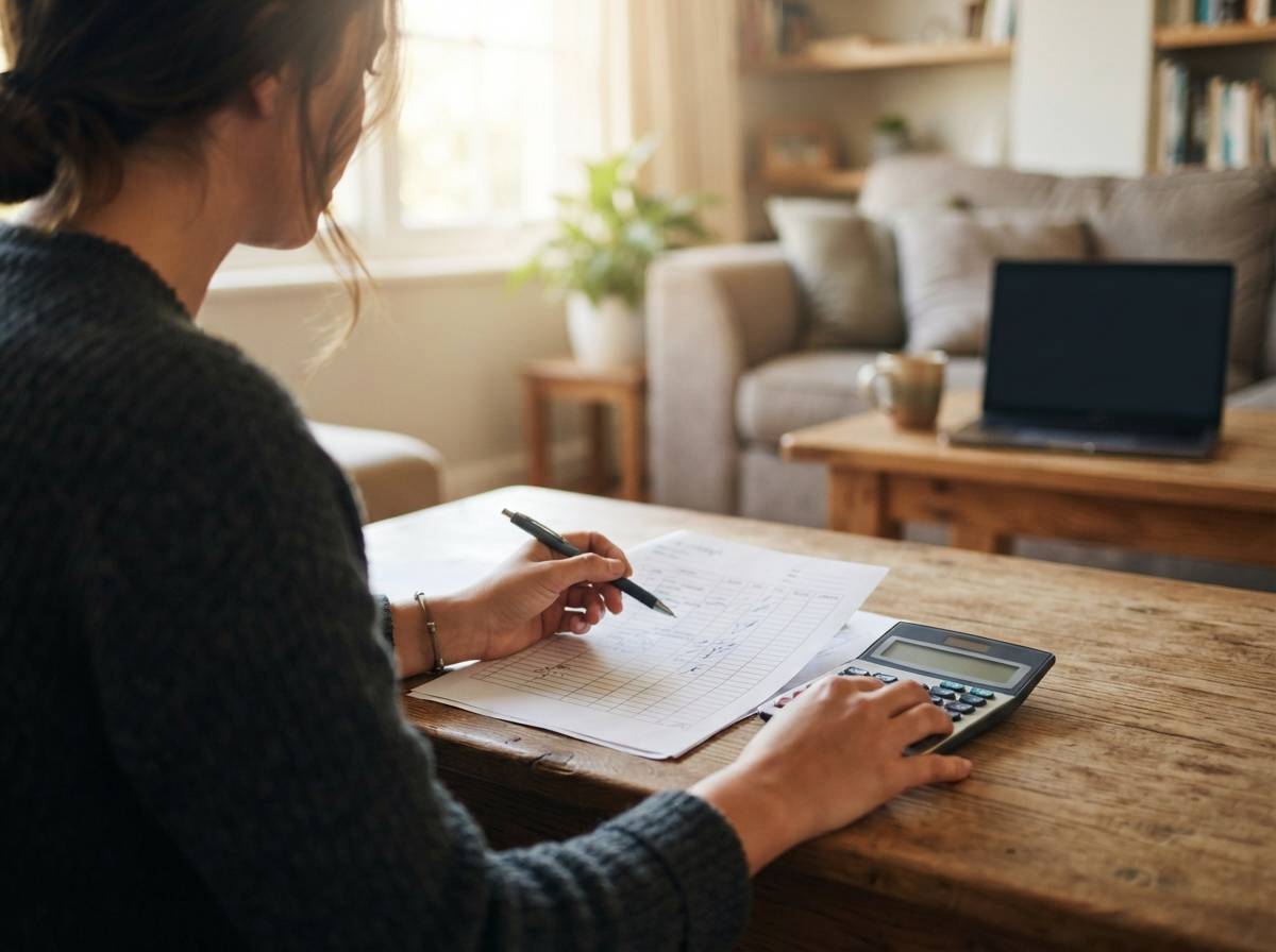 Close up of hands reviewing a paper budget worksheet with a calculator on a coffee table.