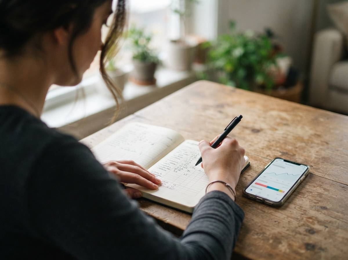 Close up of hands writing budget figures in a notebook next to a phone showing a banking app.