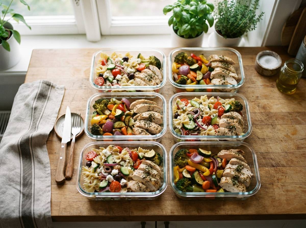Glass containers of home cooked meal prep lined up on a kitchen counter.