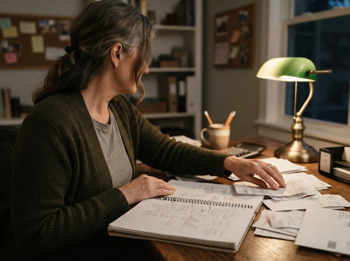 Hands sort financial documents and bills next to a laptop displaying a spreadsheet.