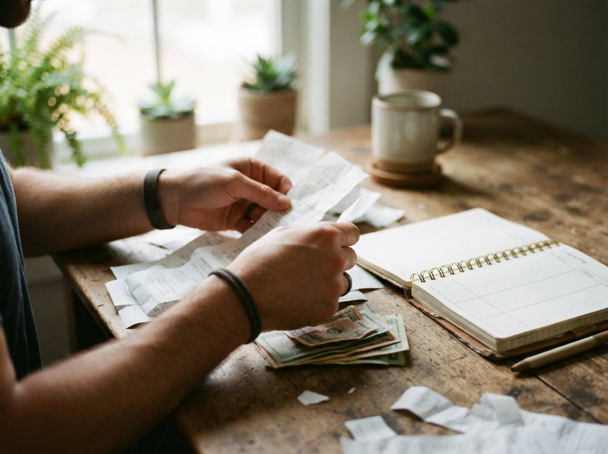 Hands sort through receipts and cash next to an open budgeting notebook on a desk.