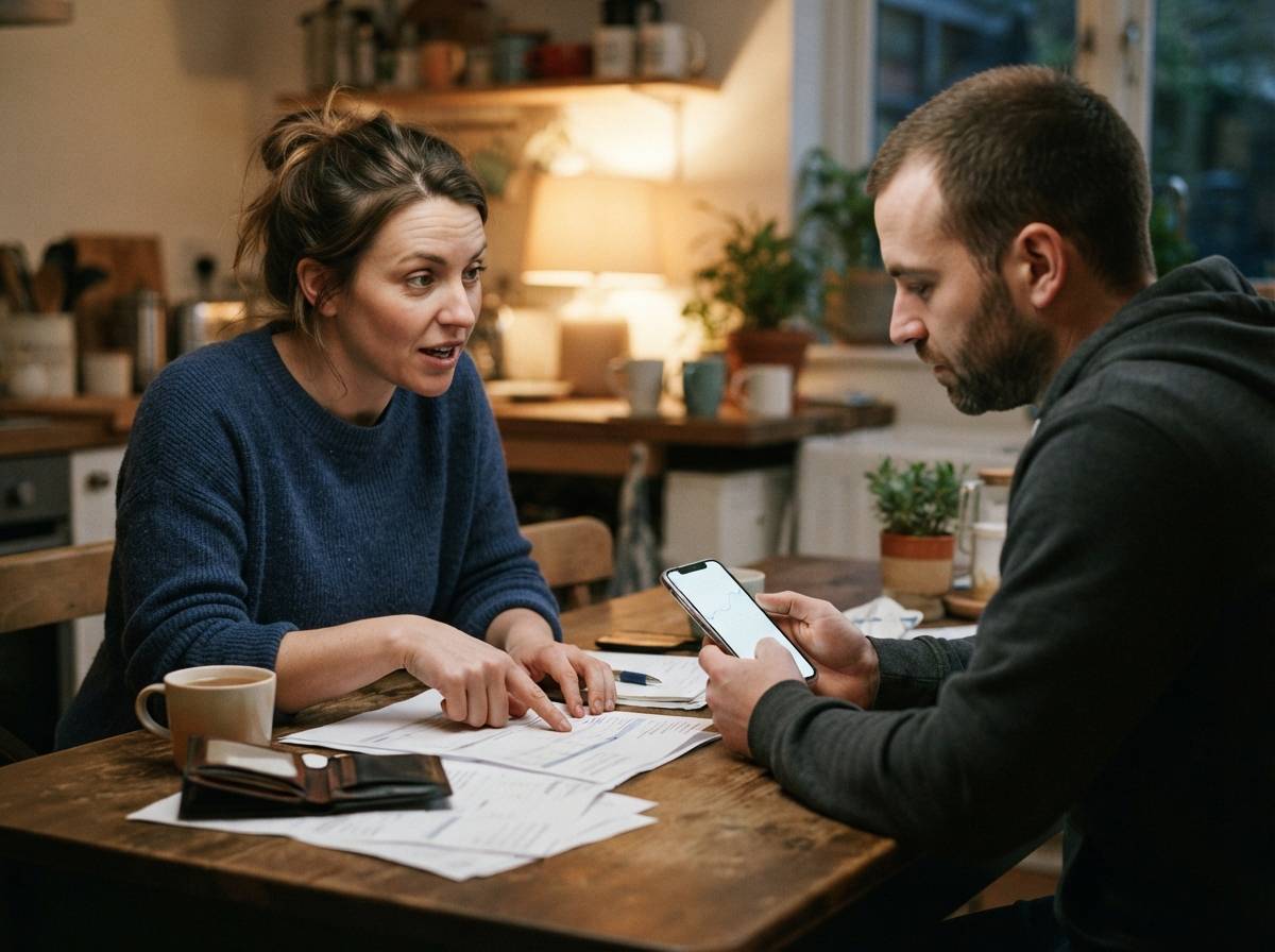 Two adults sit together at a kitchen table in the evening, reviewing a bill and a banking app on a phone.