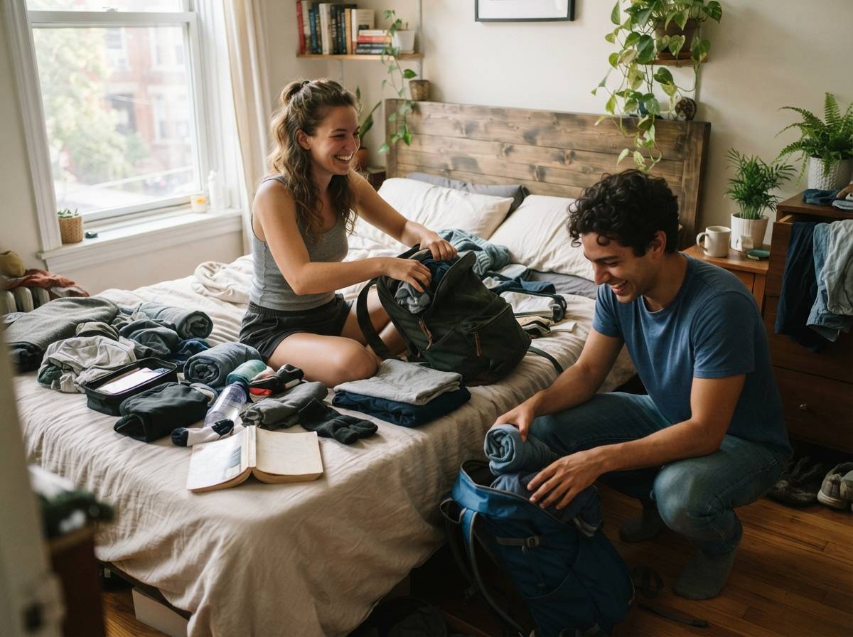 Two young travelers pack their backpacks in a bedroom before a trip.